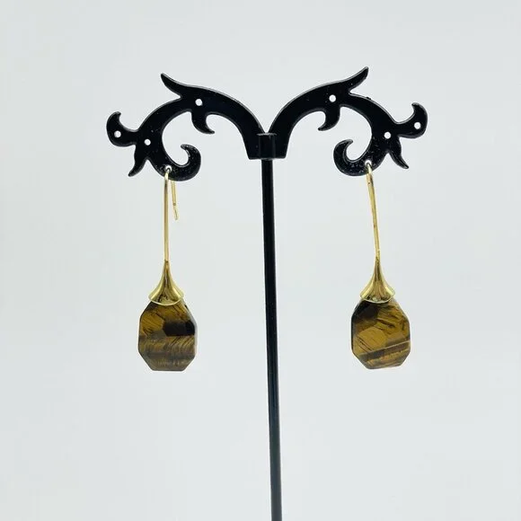 Simulated Tigers Eye Earrings Gold Tone Faceted Boho Festival Party Hippie - Picture 4 of 8